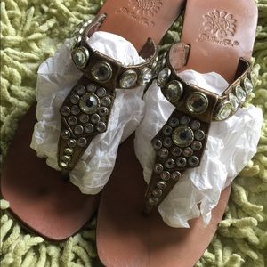 Yellow box gold/bronze leather and crystal sandals